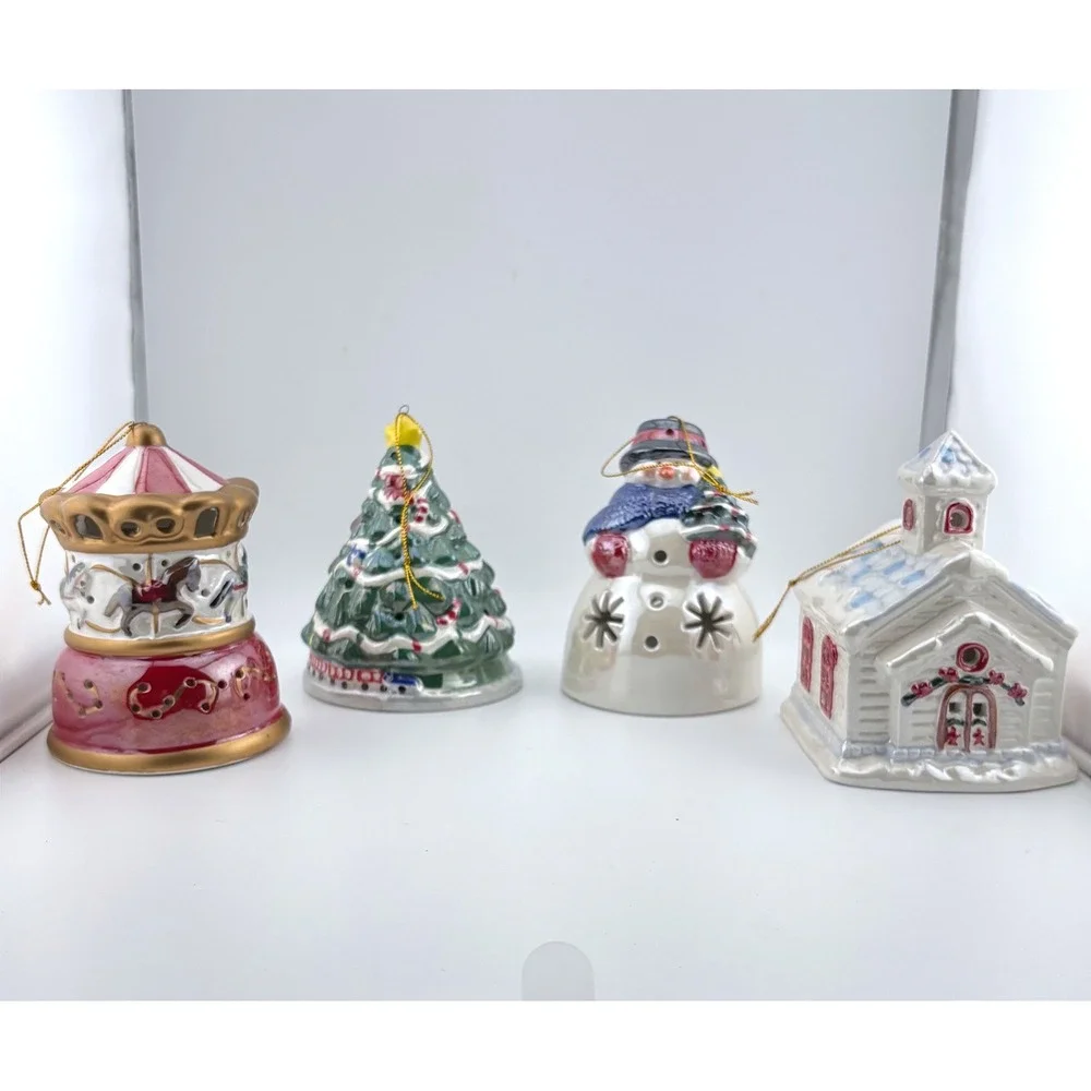Light Up Ceramic Christmas Ornaments Set of 4 Snowman Carousel Church Tree
